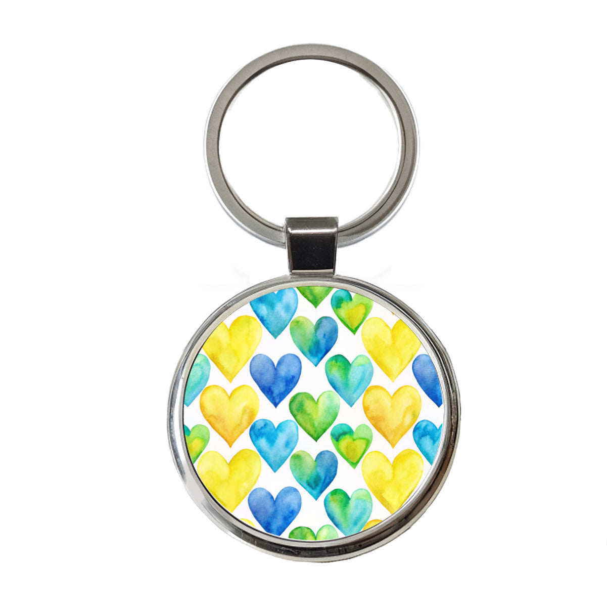 Yellow Blue Green Hearts Watercolor Round Metal Keychain