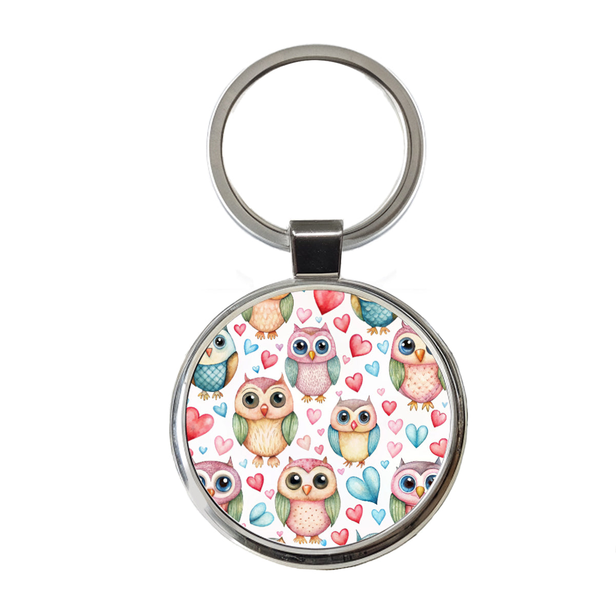 Adorable Owls And Hearts Round Metal Keychain