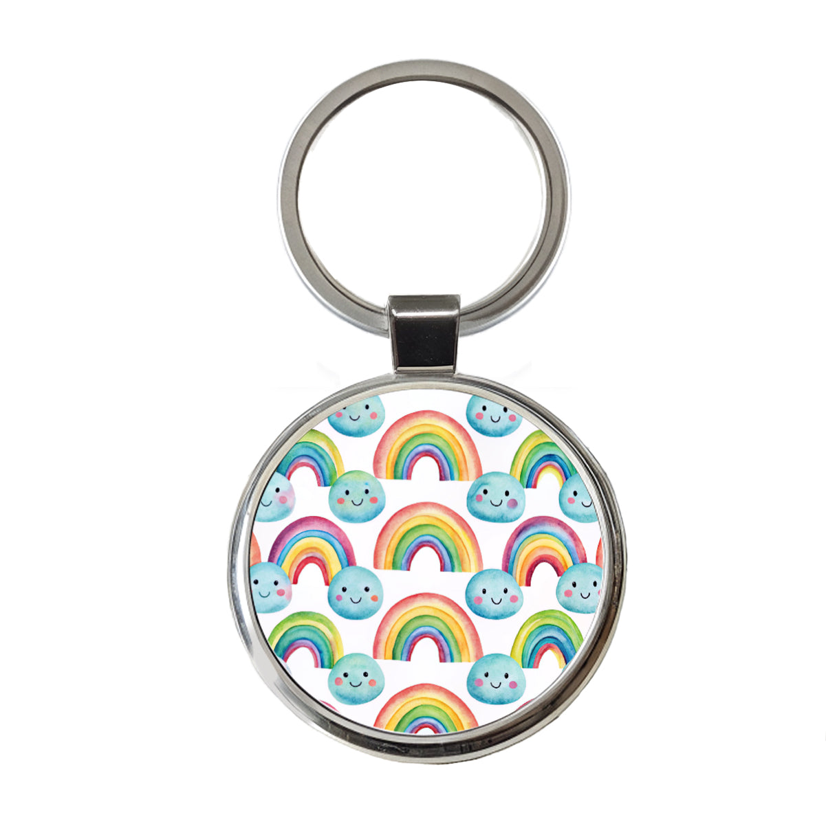 Adorable Smiling Rainbows Clouds Round Metal Keychain