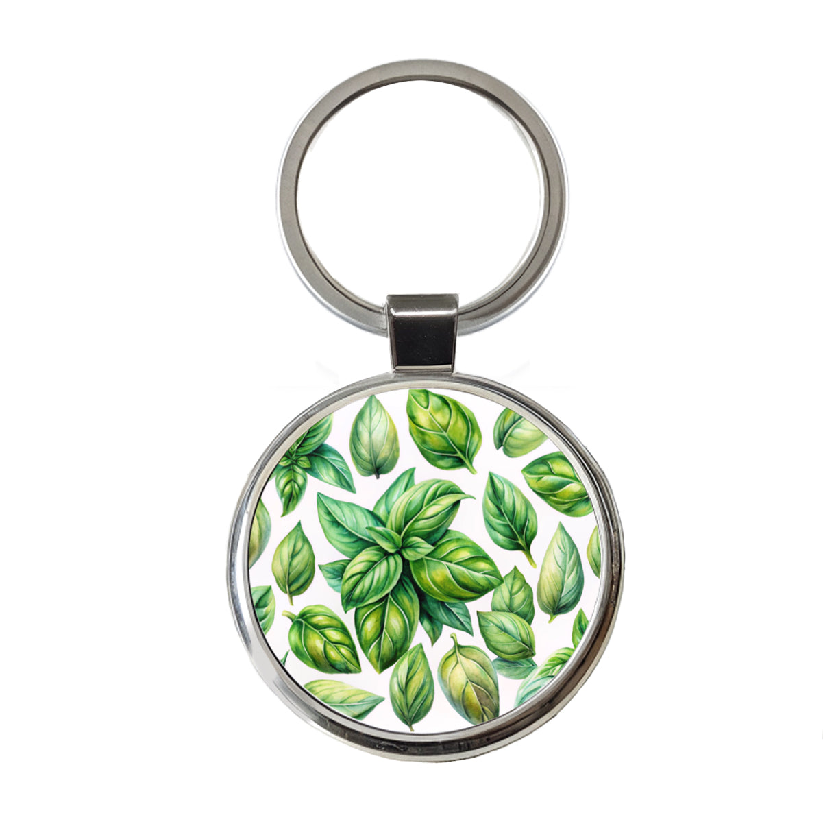 Basil Leaves Watercolor Round Metal Keychain