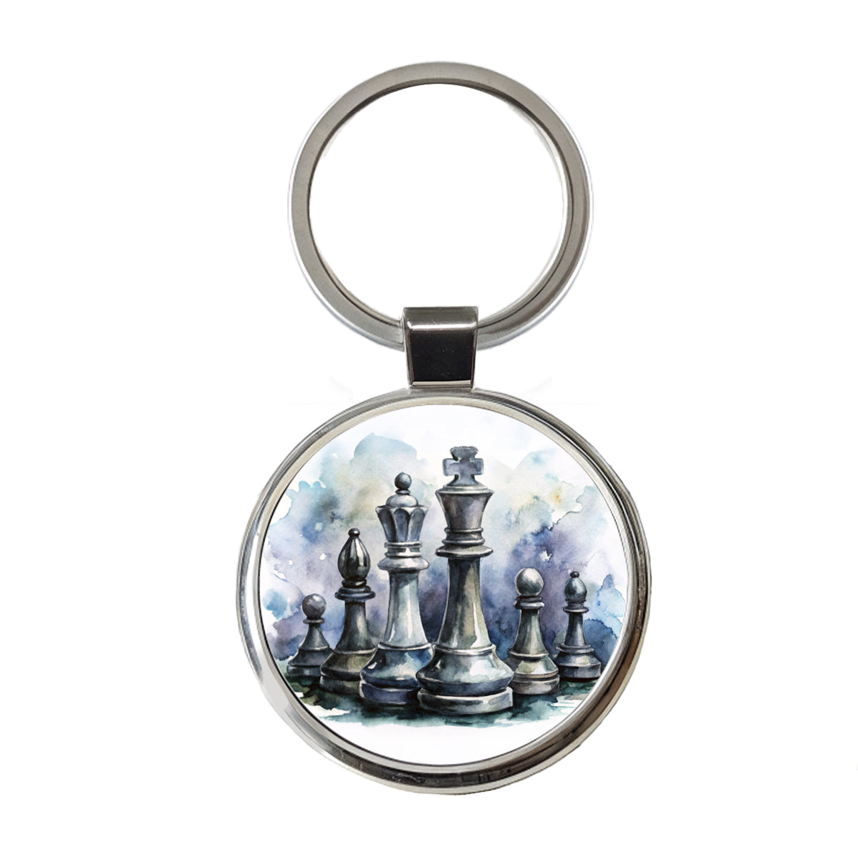 Black And White Chess Pieces Watercolor Round Metal Keychain