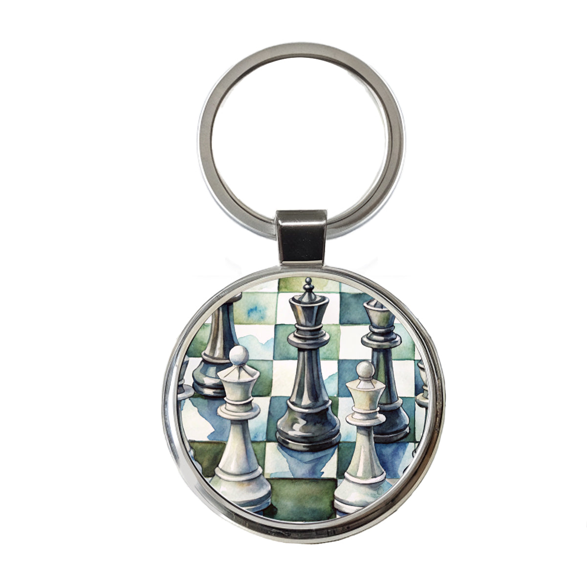 Black White Chess Pieces Watercolor Round Metal Keychain