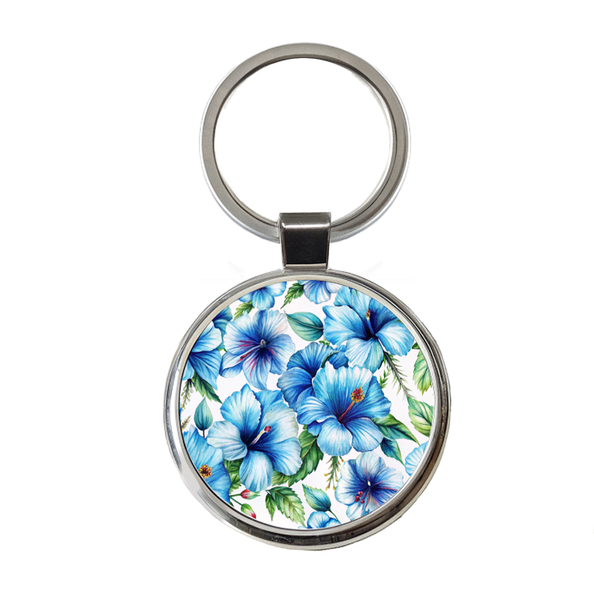 Blue Hibiscus Flowers Watercolor Round Metal Keychain