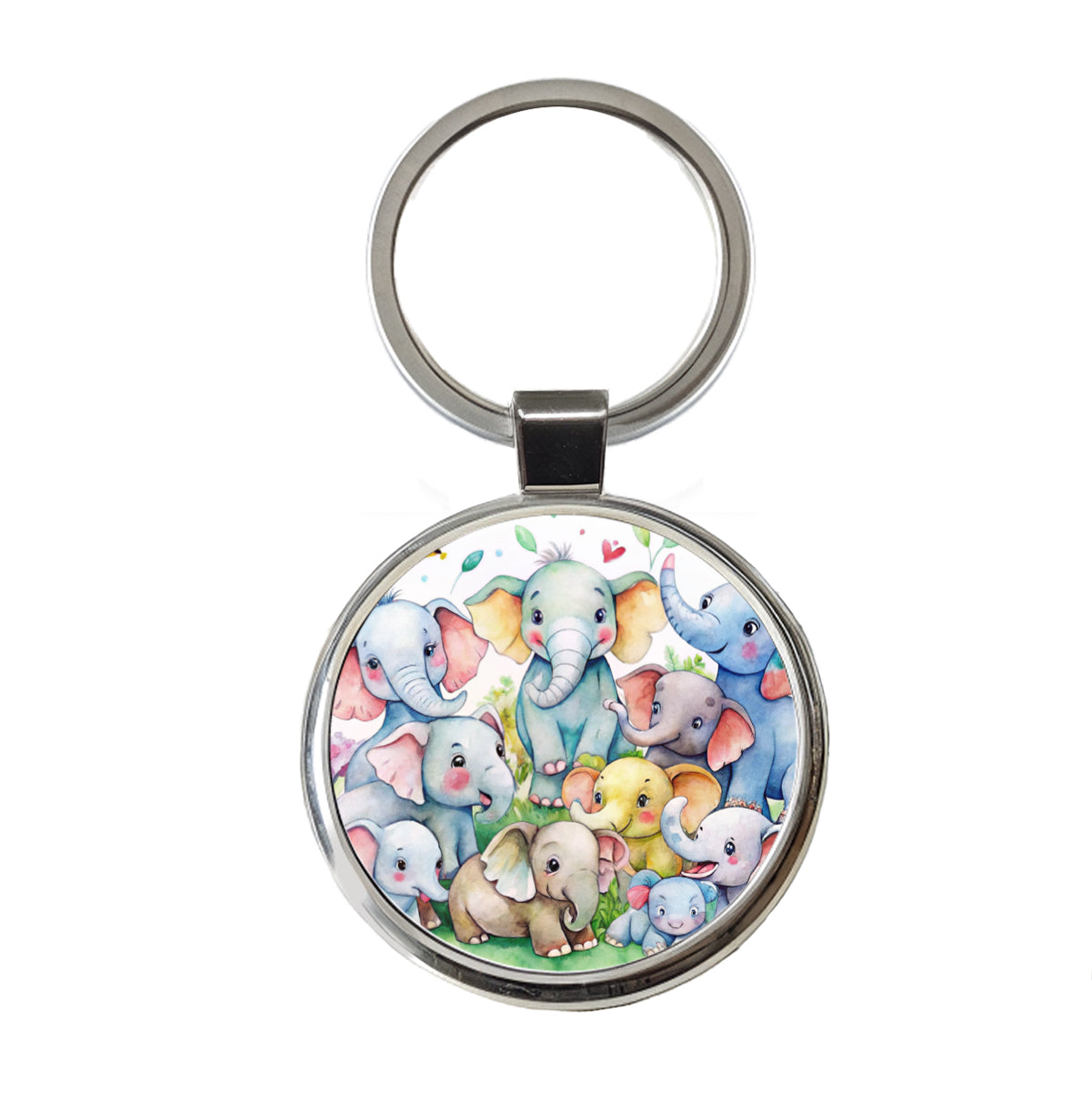 Bunch Of Cute Elephants Watercolor Round Metal Keychain