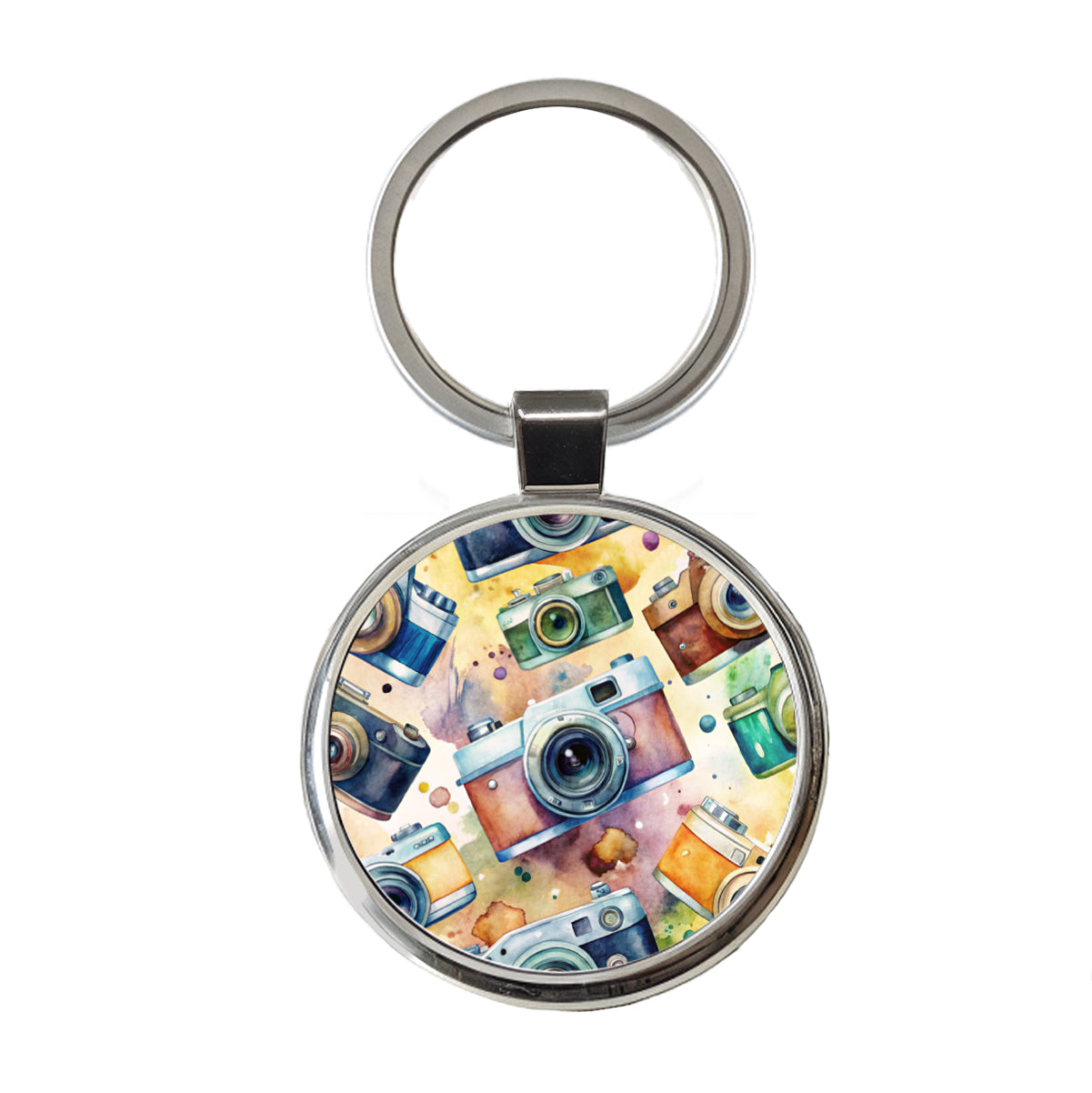 Cameras Retro 35mm Scattered Photographer Photography Watercolor Round Metal Keychain