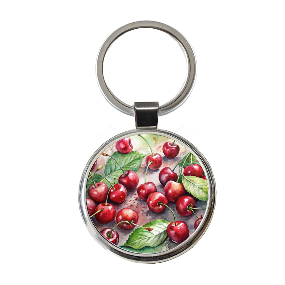 Cherries Fruit Watercolor Round Metal Keychain