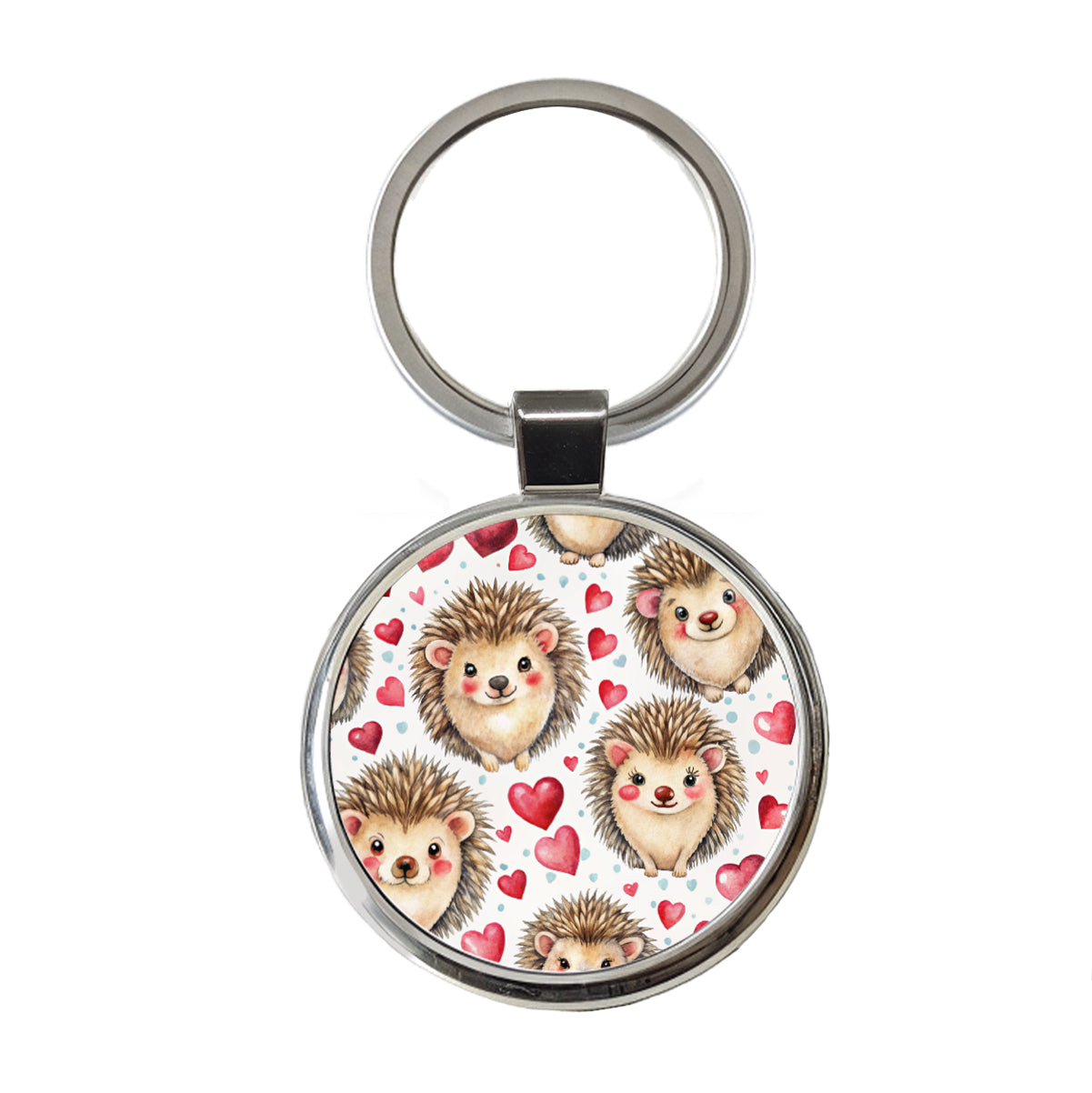 Chibi Hedgehogs And Hearts Watercolor Round Metal Keychain