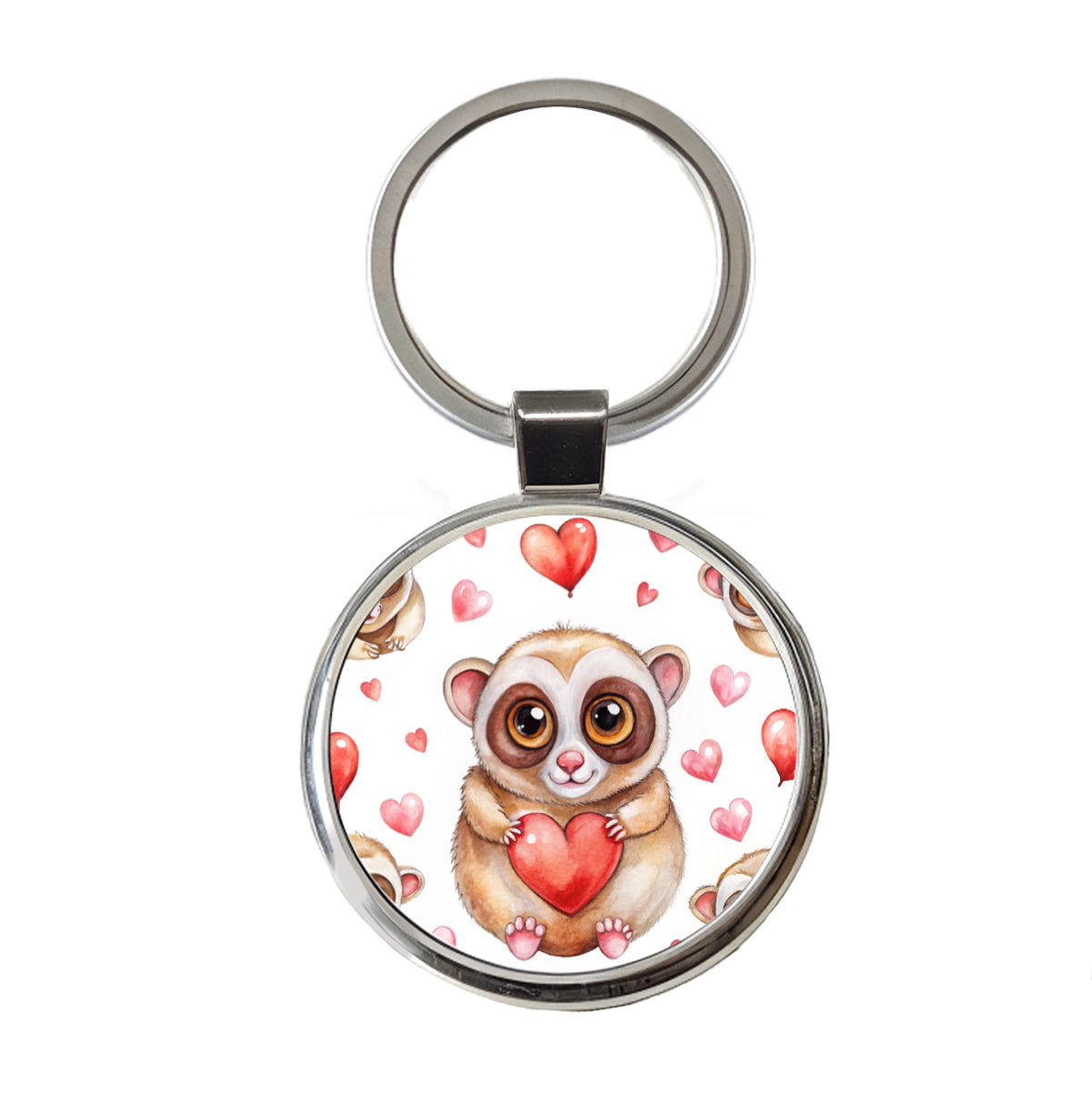 Chibi Slow Loris And Hearts Watercolor Round Metal Keychain