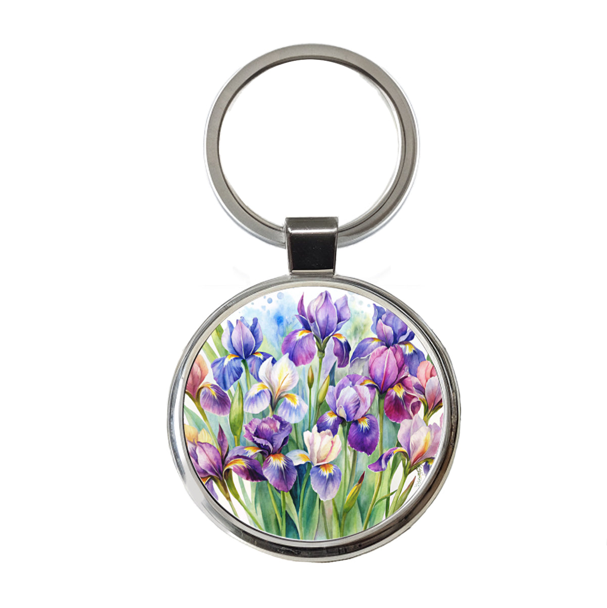 Iris Purple Pretty Flowers Watercolor Round Metal Keychain
