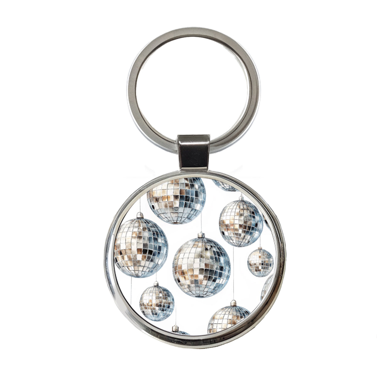 Silver Disco Balls Watercolor Round Metal Keychain