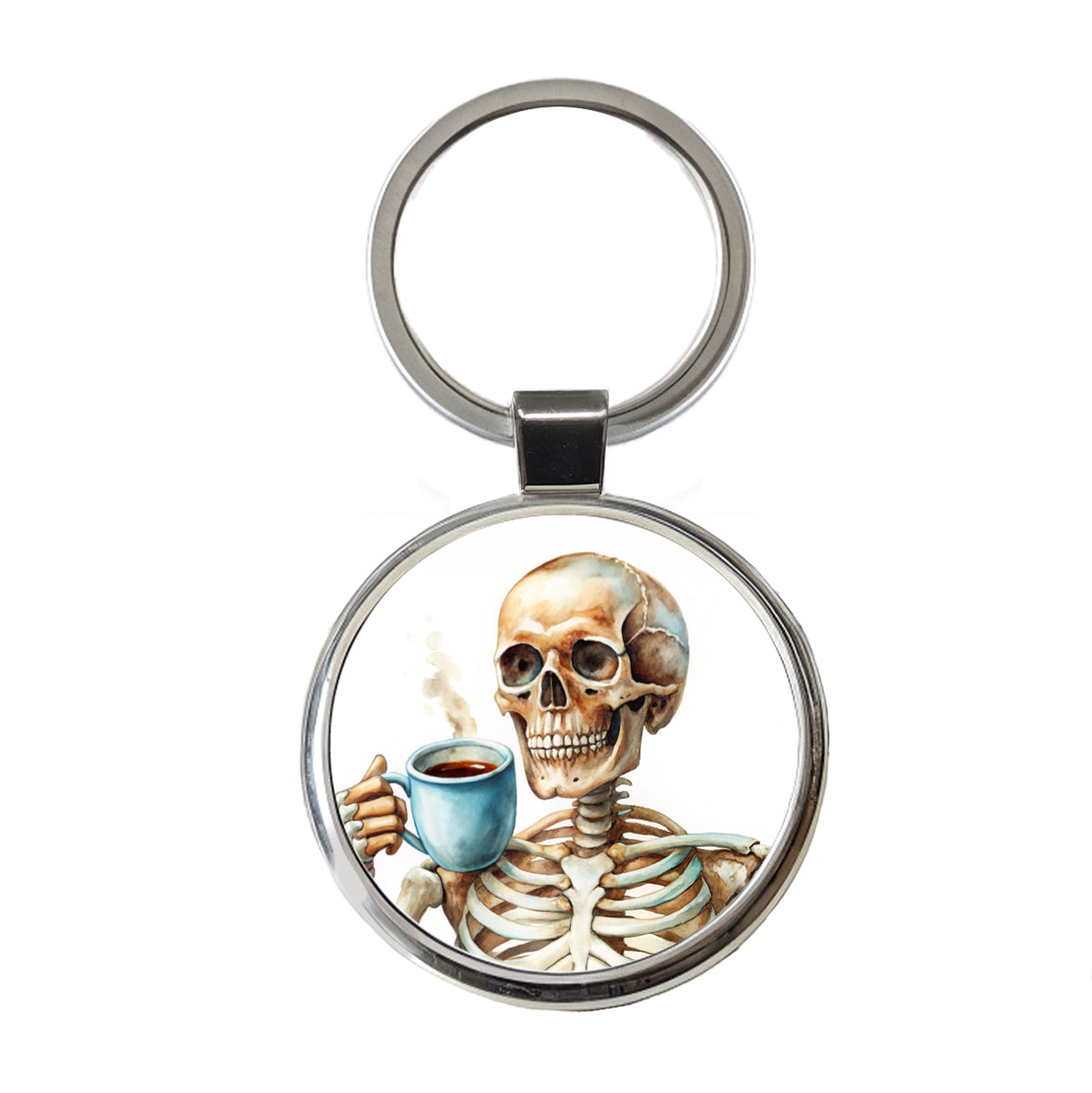 Skeleton Drinking Coffee Watercolor Round Metal Keychain