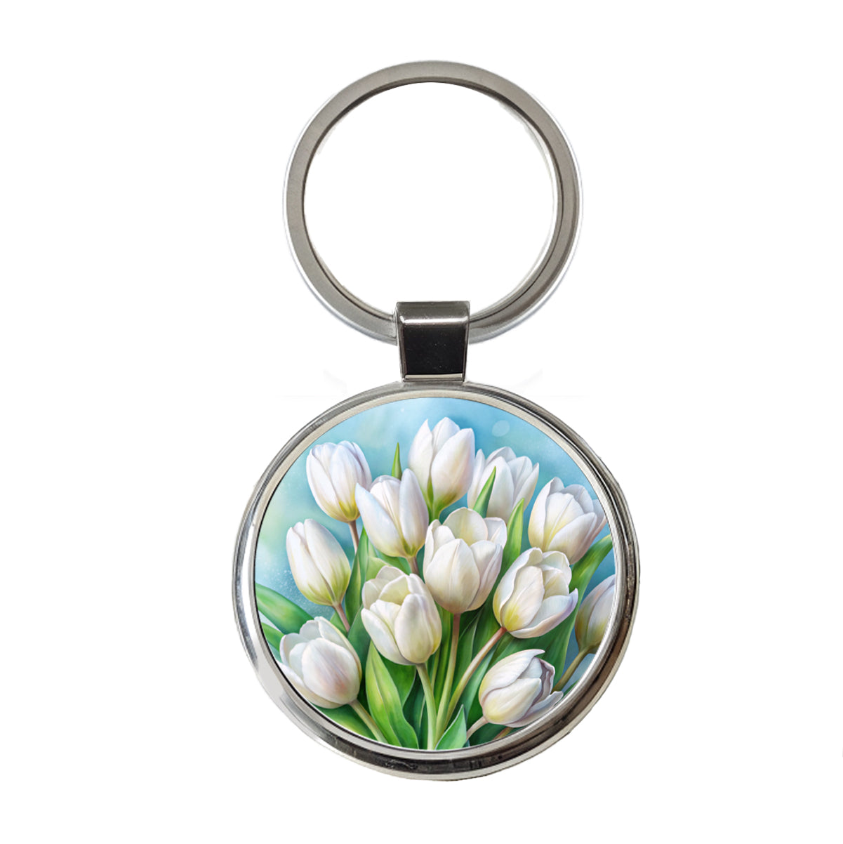 White Tulips Flowers Watercolor Round Metal Keychain