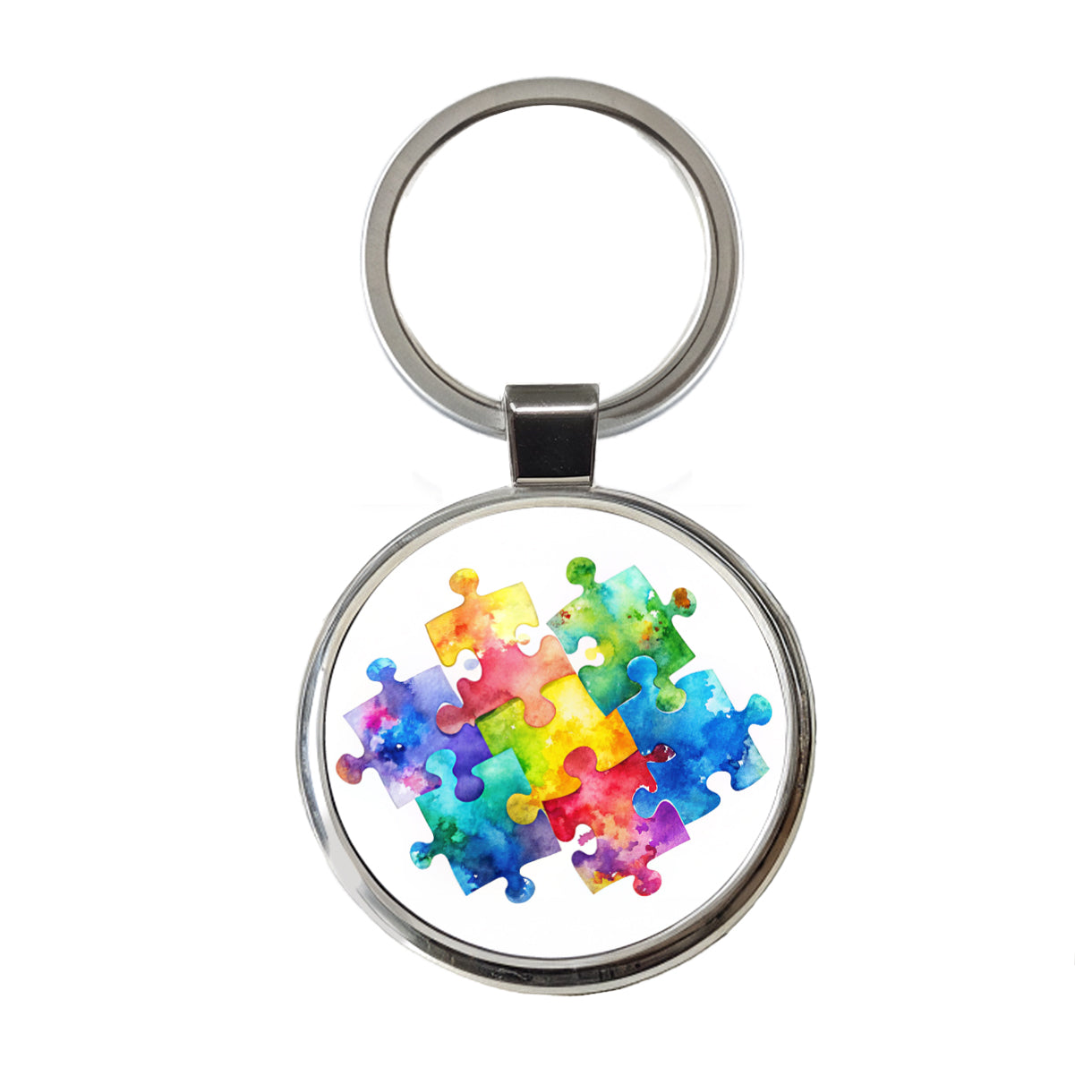 Autism Awareness Acceptance Puzzle Pieces Watercolor Round Metal Keychain