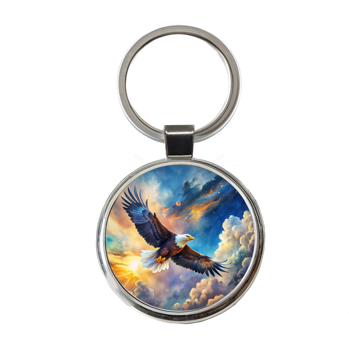 Bald Eagle Flying In Sky Clouds Watercolor Round Metal Keychain