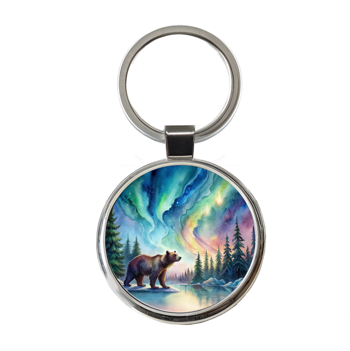 Bear And Northern Lights Watercolor Round Metal Keychain