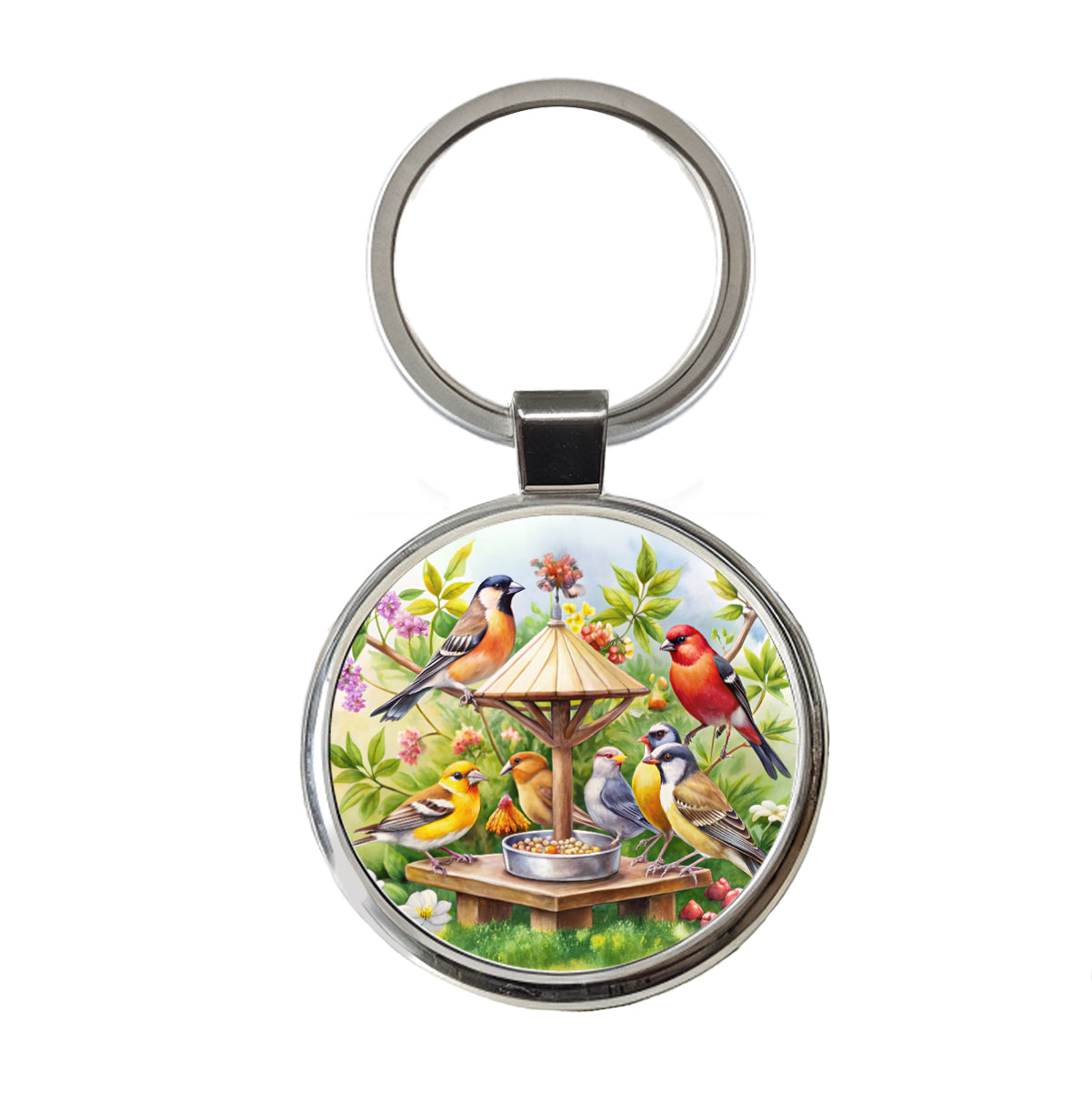 Birds At Feeder Watercolor Round Metal Keychain