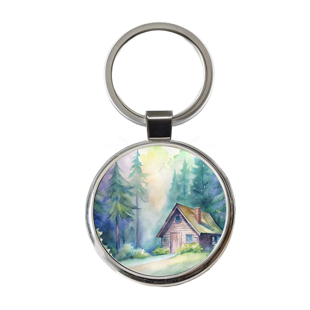 Cabin In The Forest Woods Watercolor Round Metal Keychain
