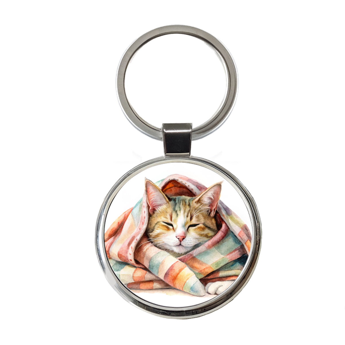 Cat Snuggling In Blanket Watercolor Round Metal Keychain