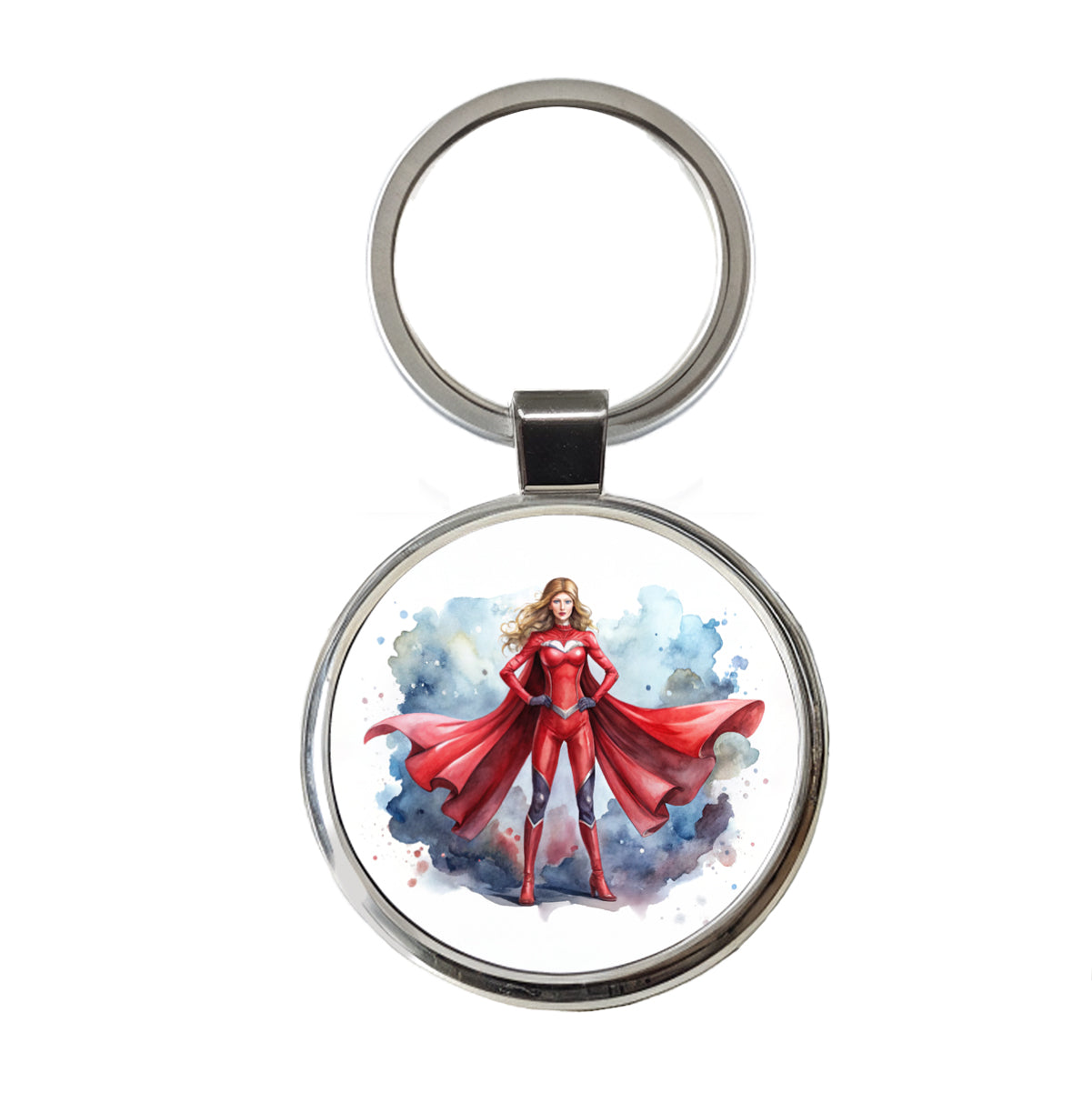 Classic Female Superhero With Red Costume Watercolor Round Metal Keychain