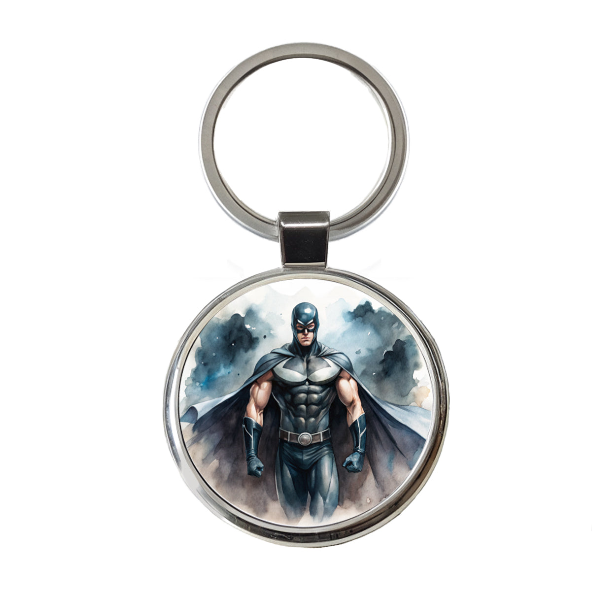 Classic Masked Superhero With Black Costume Watercolor Round Metal Keychain