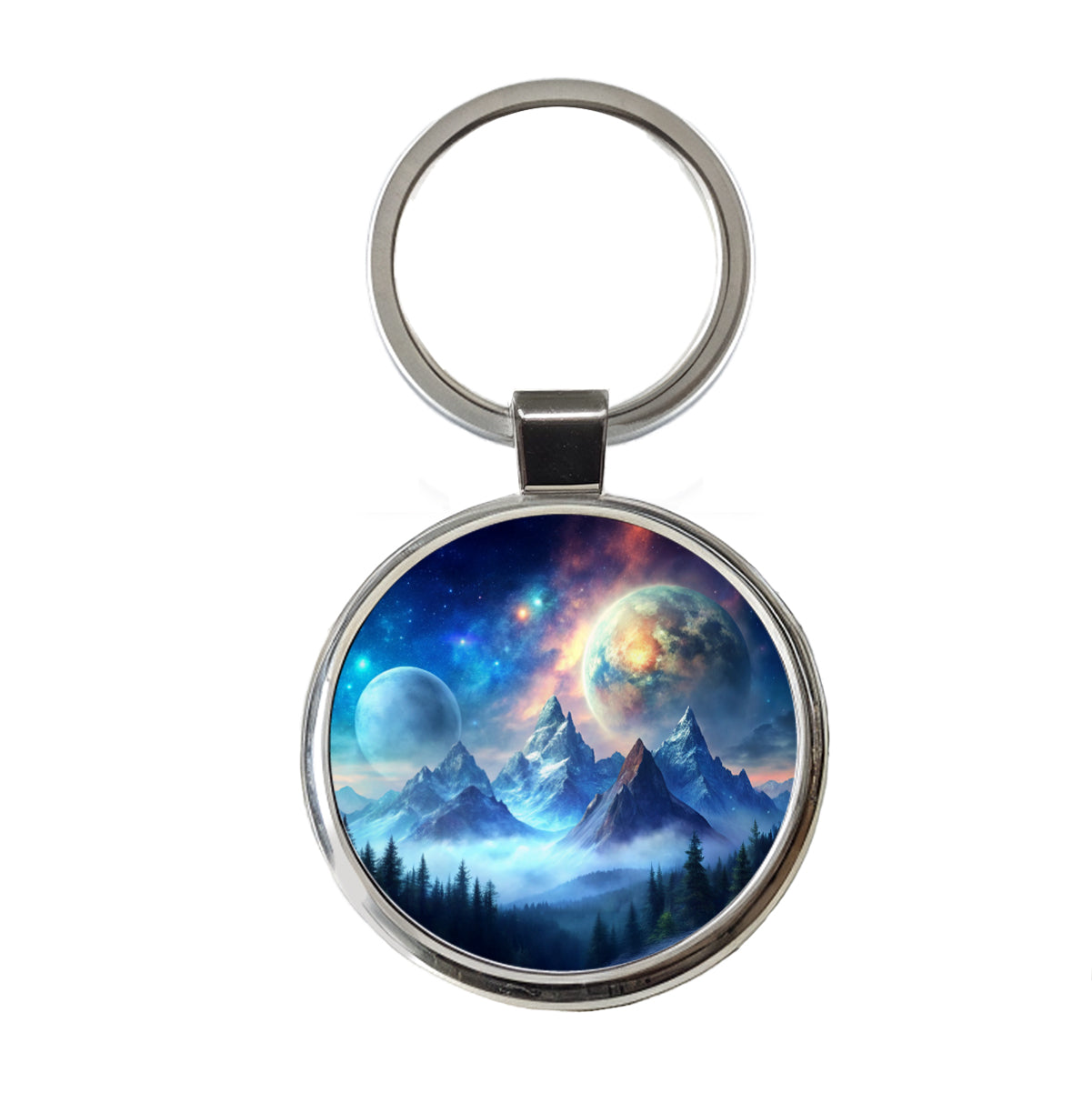 Fantasy Sci-fi World Moons Rising Over Mountains Watercolor Round Metal Keychain