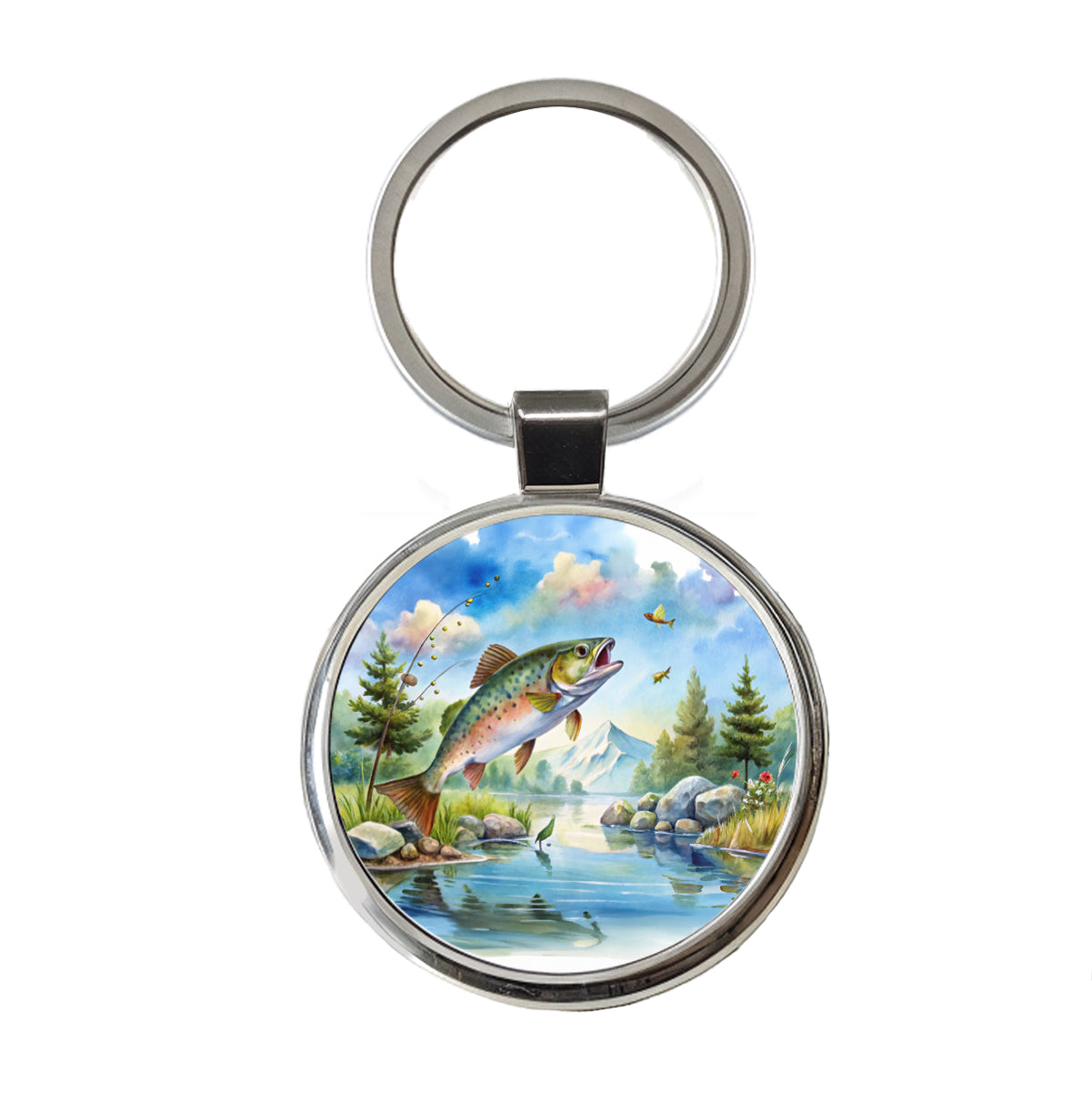 Fish Jumping Stream Lake Fishing Watercolor Round Metal Keychain