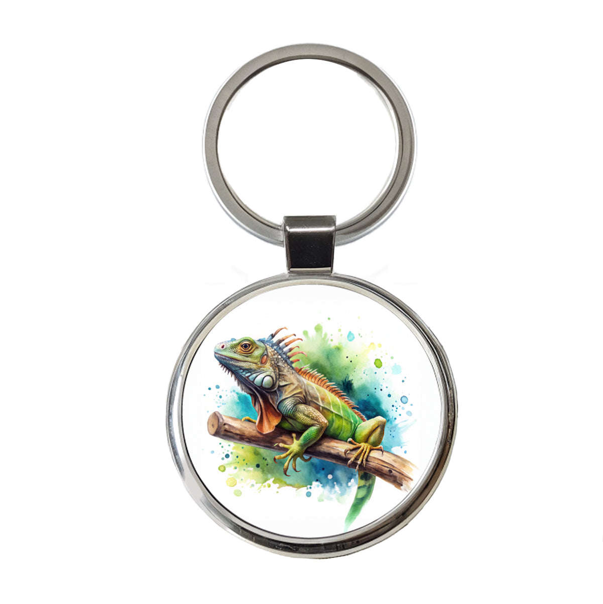 Iguana Lizard On Branch Reptile Watercolor Round Metal Keychain