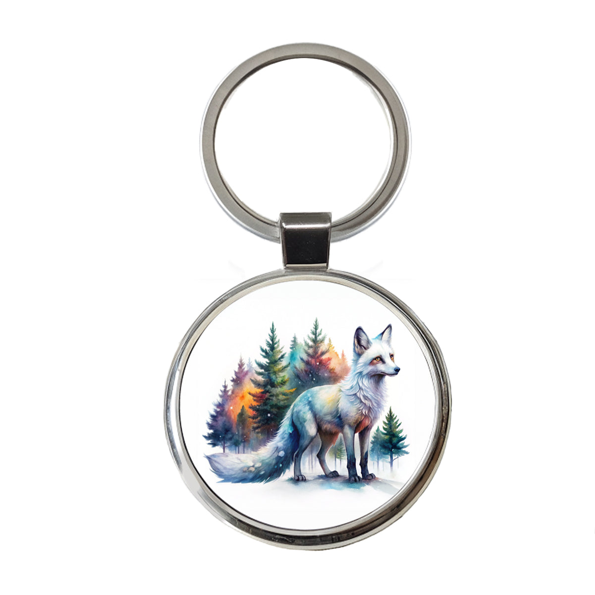 Kitsune White Fox Asian Japanese In Forest Watercolor Round Metal Keychain