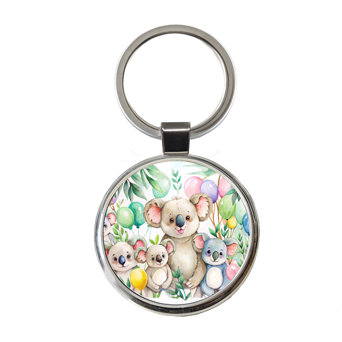 Koalas Having A Birthday Party Watercolor Round Metal Keychain