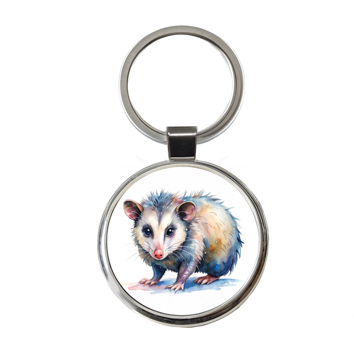 Opossum Watercolor Round Metal Keychain