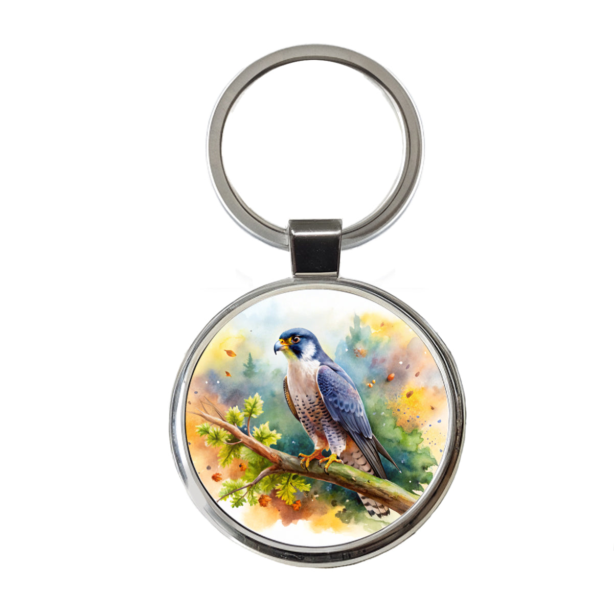 Peregrine Falcon Raptor Bird Of Prey In Tree Watercolor Round Metal Keychain