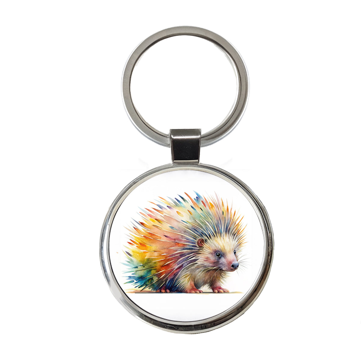 Porcupine Colorful Rainbow Watercolor Round Metal Keychain