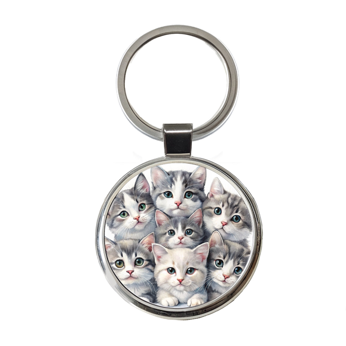 Sweet Gray And White Cats Round Metal Keychain