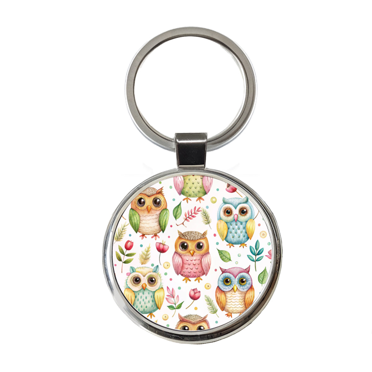 Sweet Owls Round Metal Keychain