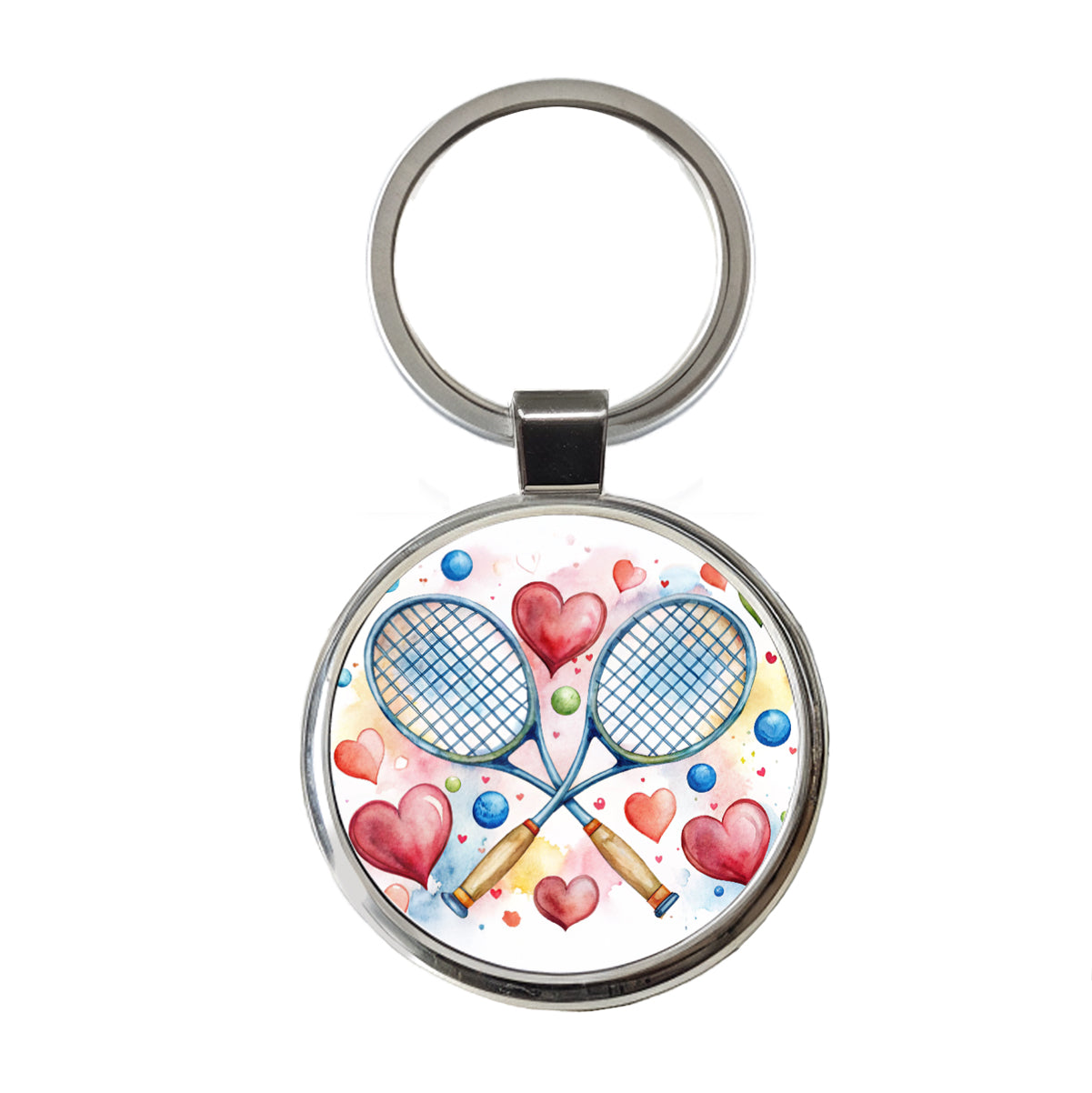 Tennis Rackets Crossed With Hearts Watercolor Round Metal Keychain