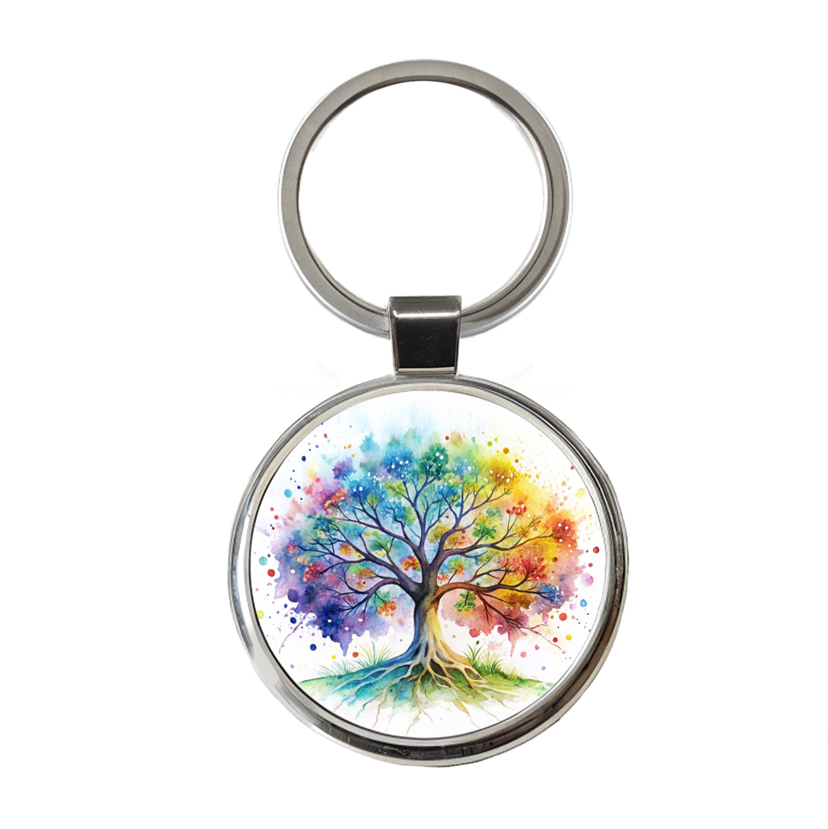 Tree Of Life Rainbow Watercolor Round Metal Keychain