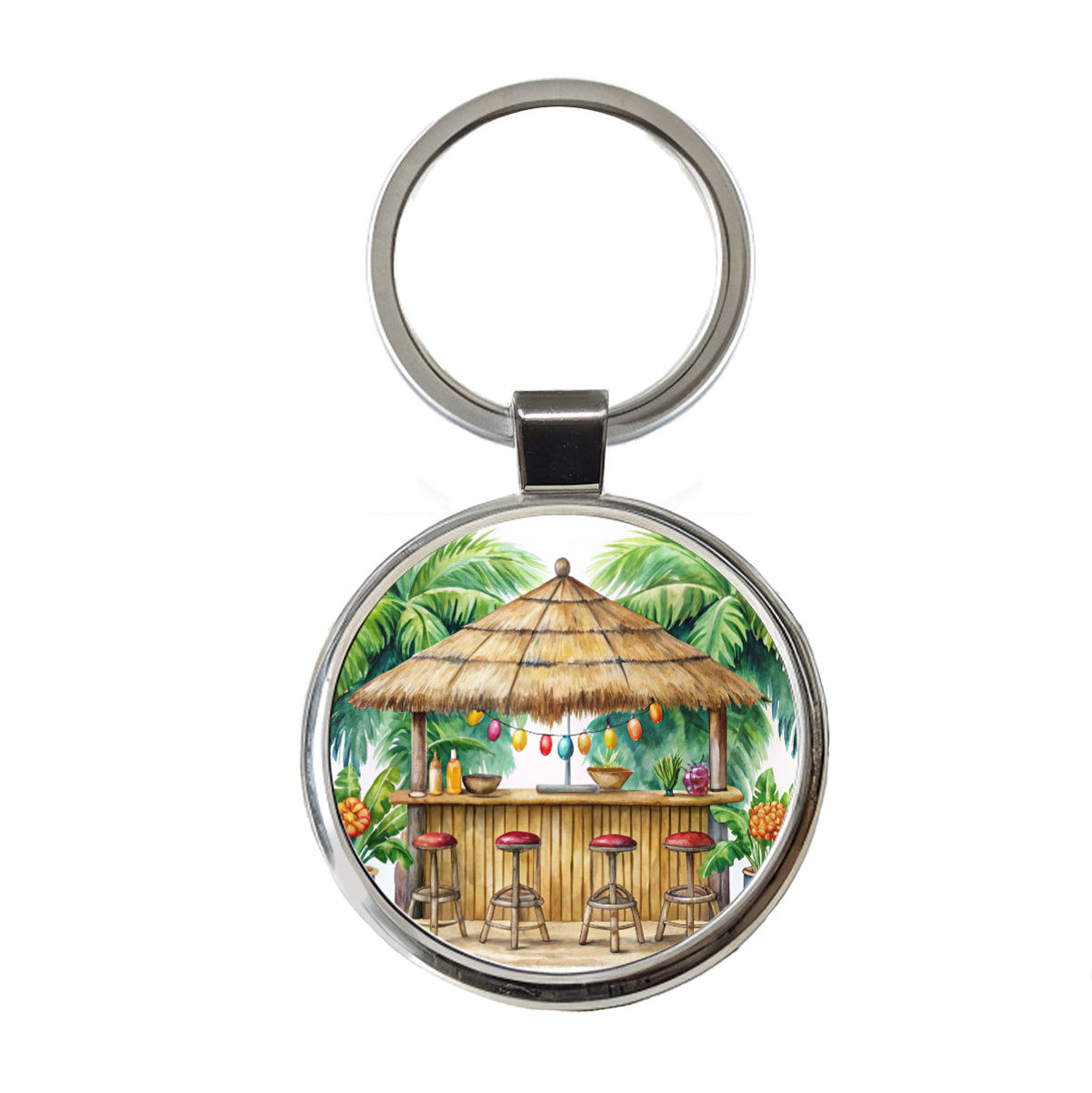 Tropical Resort Beach Tiki Bar Watercolor Round Metal Keychain