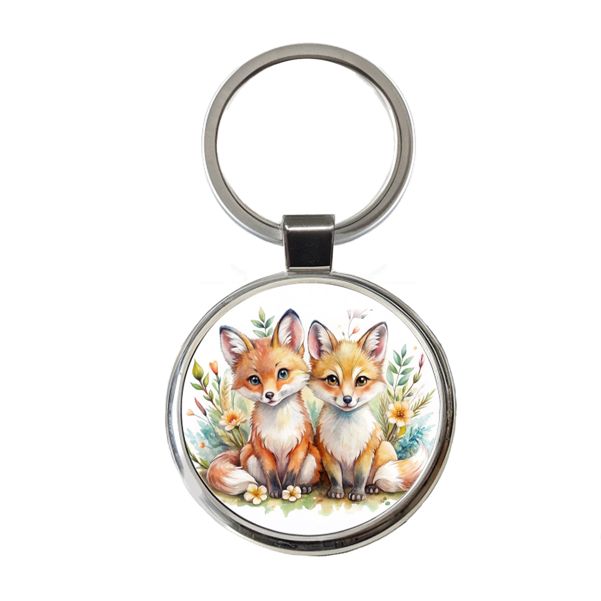 Two Sweet Foxes Round Metal Keychain