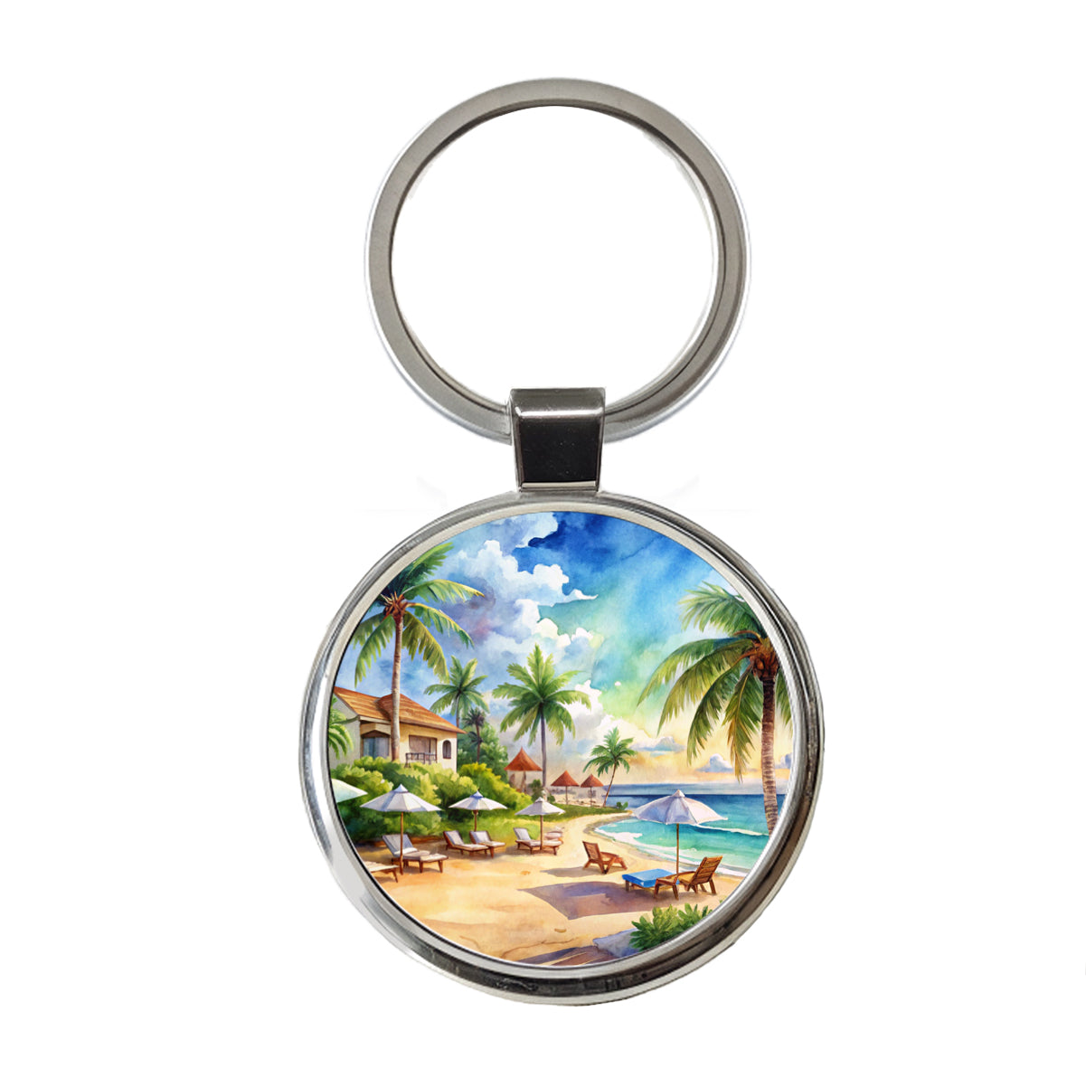 Beach Resort Tropical Scene Watercolor Round Metal Keychain
