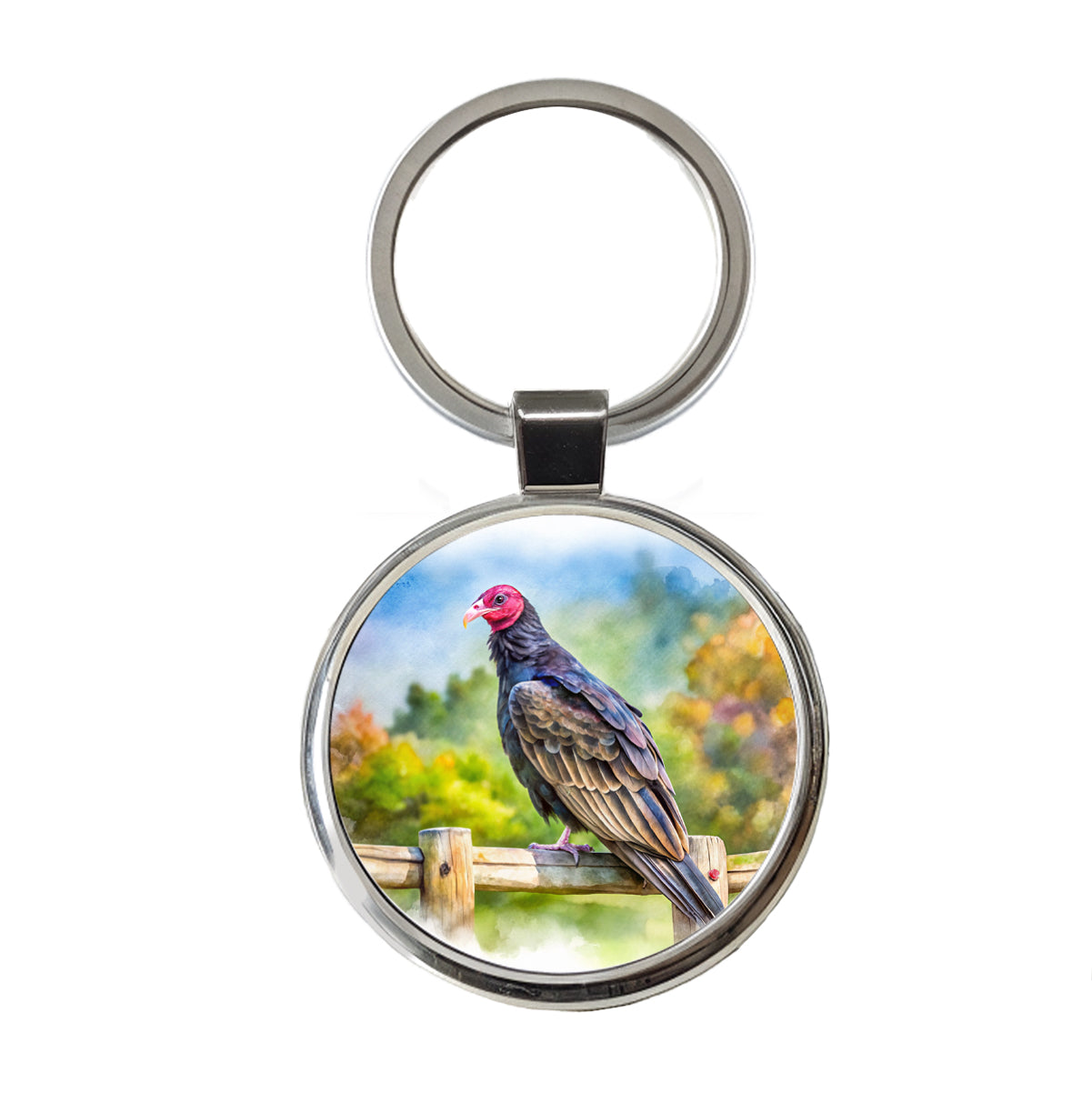 Black Turkey Vulture Sitting On Fence Watercolor Round Metal Keychain