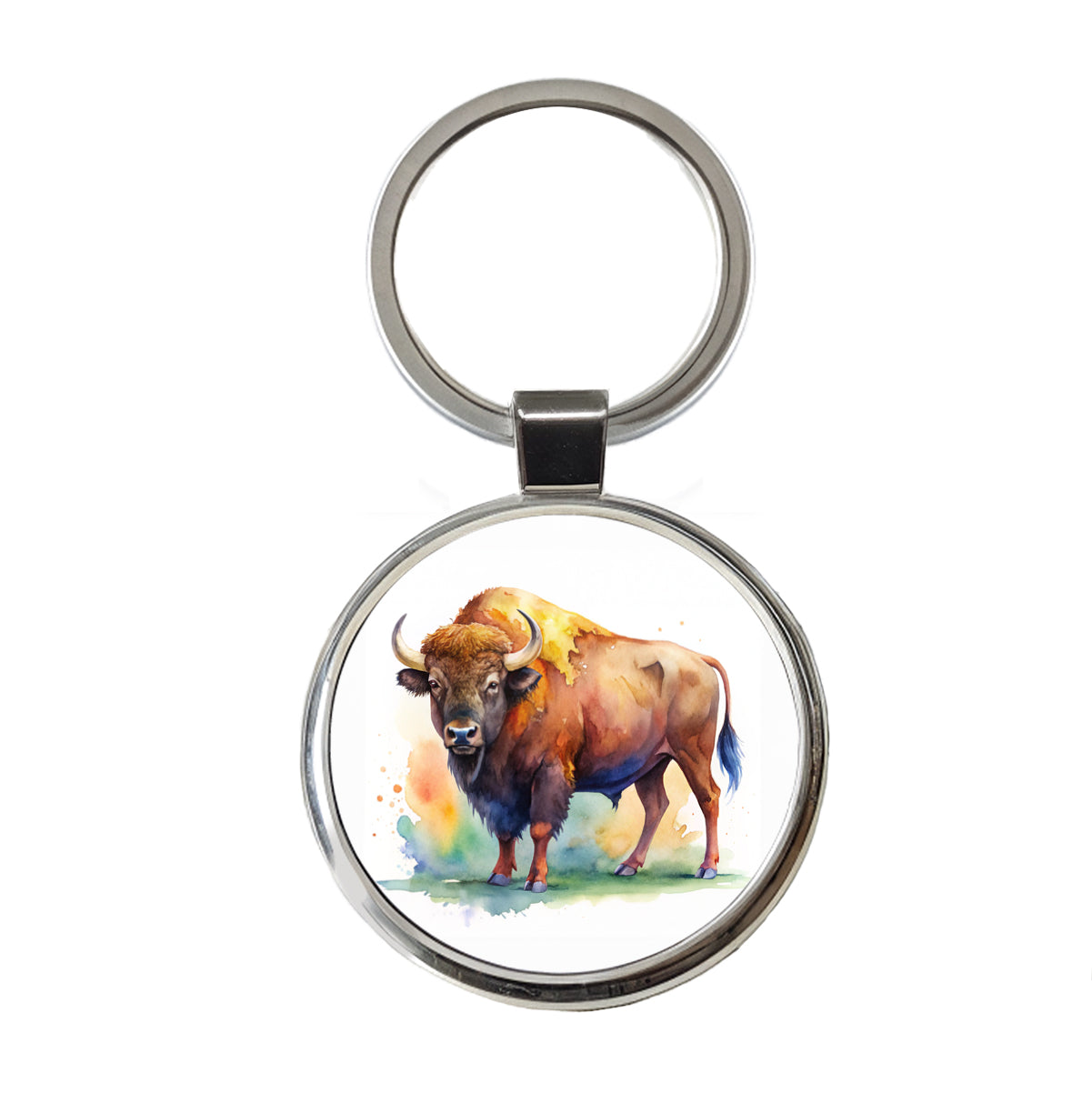 Buffalo Bison Watercolor Round Metal Keychain