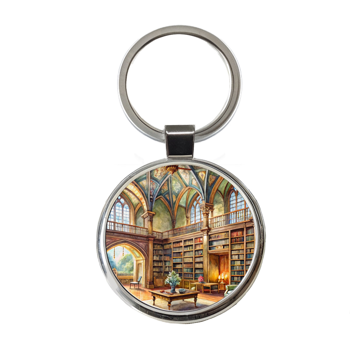 Castle Library Books Reading Watercolor Round Metal Keychain