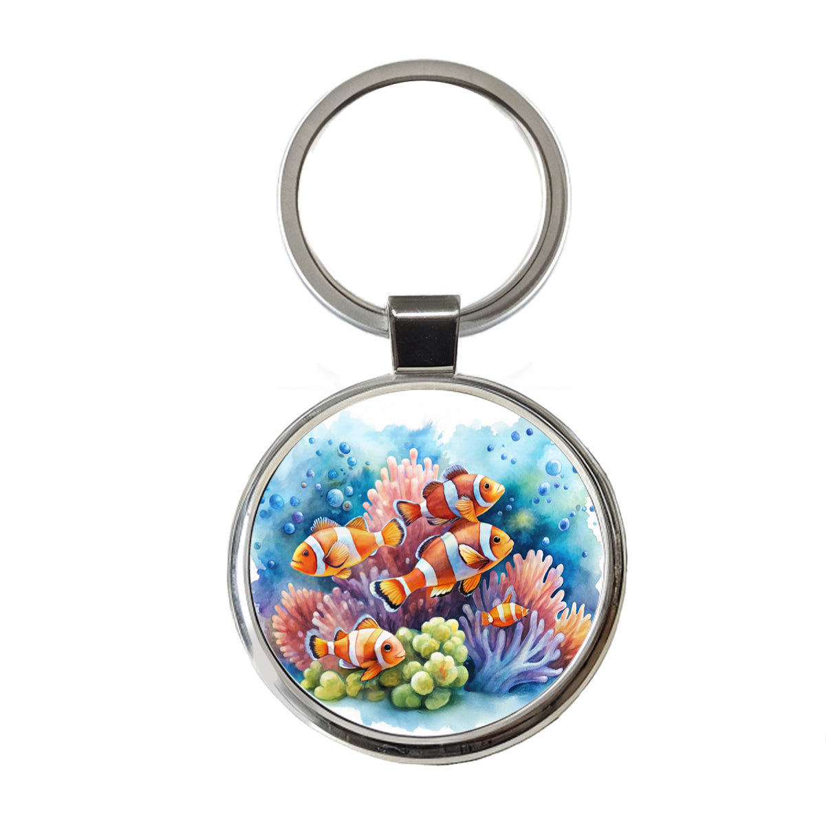 Clown Fish Swimming Around Coral Watercolor Round Metal Keychain