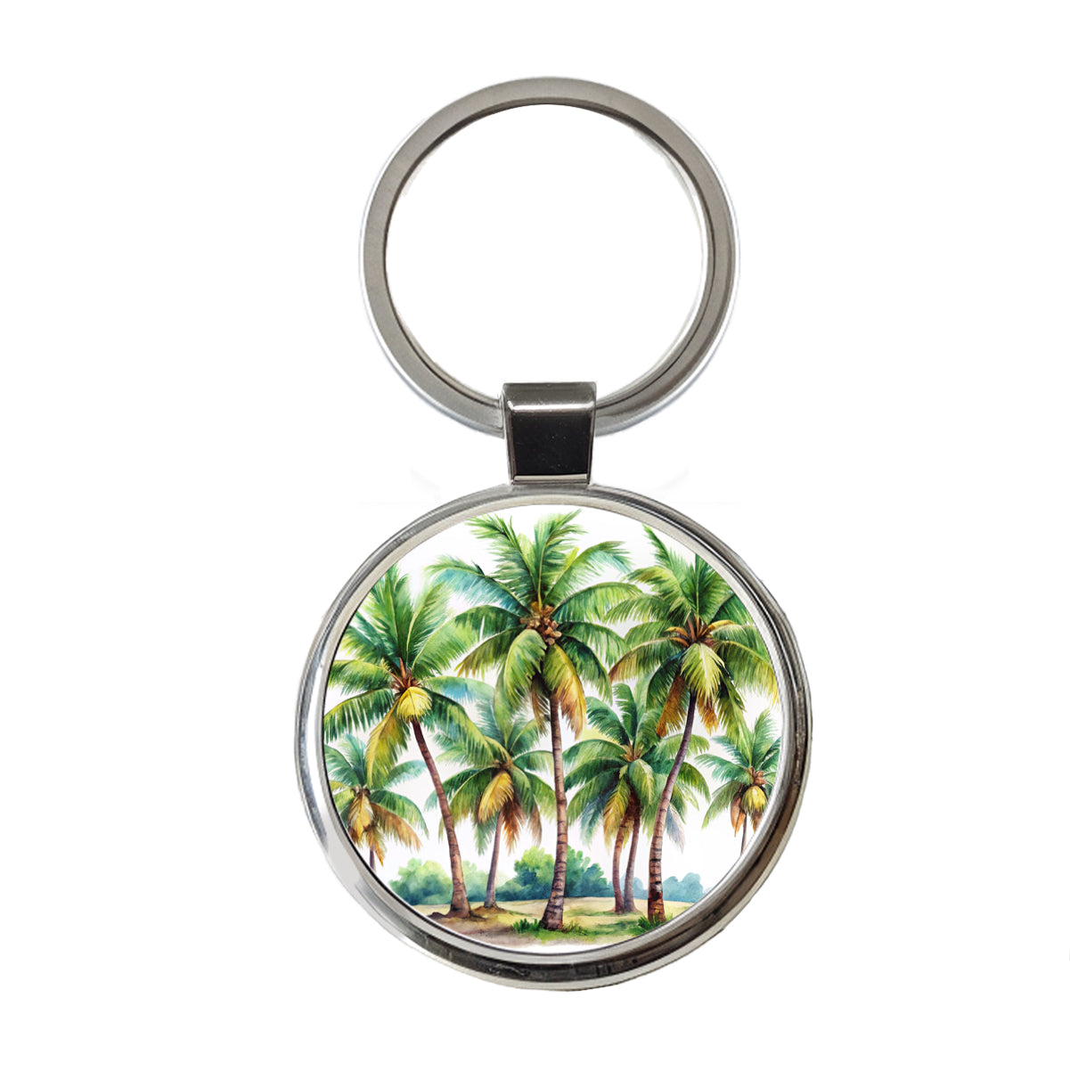 Coconut Trees Tropical Beach Watercolor Round Metal Keychain