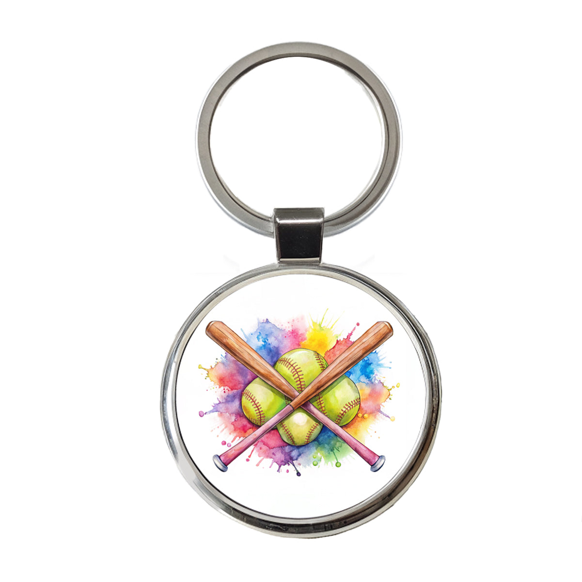 Crossed Softball Bats And Balls Watercolor Round Metal Keychain