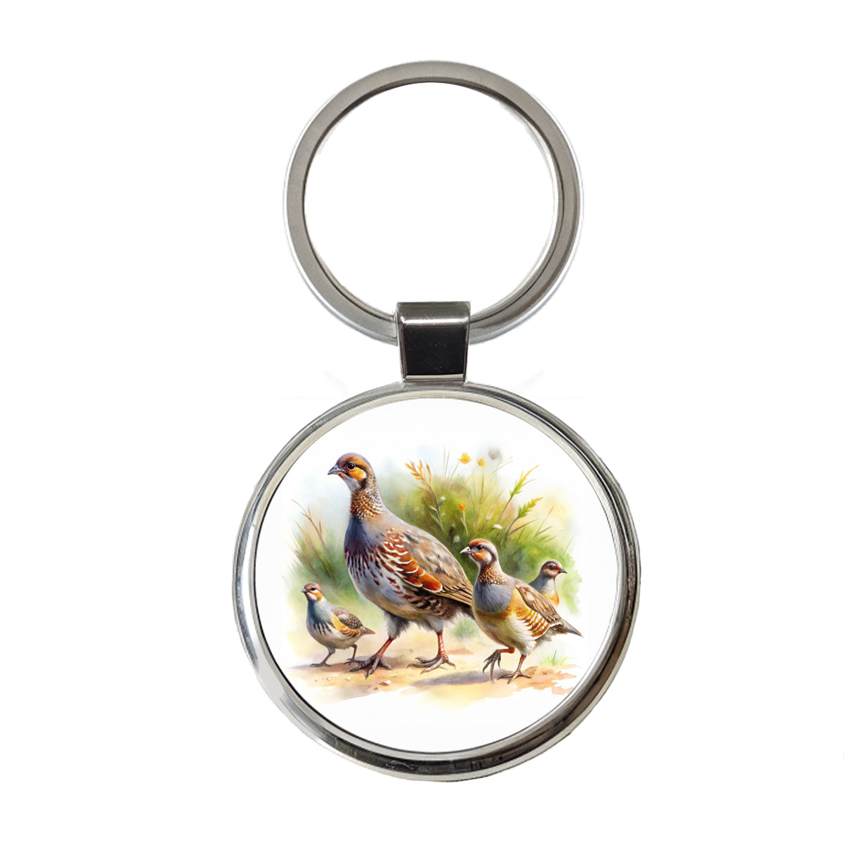 Family Of Partridges Running Watercolor Round Metal Keychain