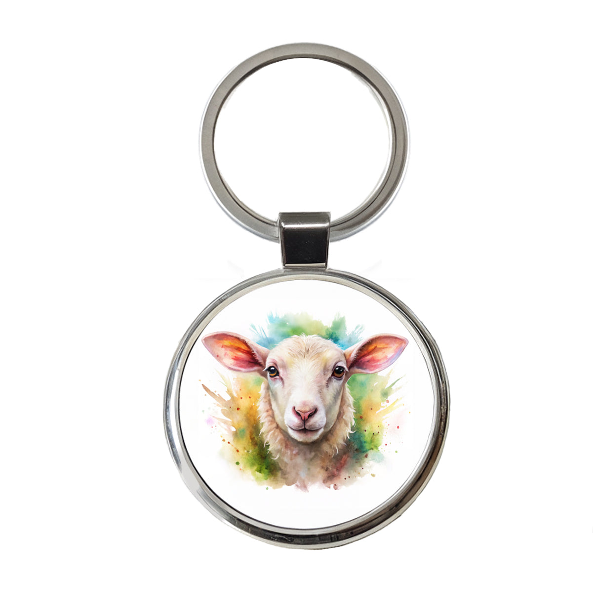 Lamb Face Watercolor Round Metal Keychain