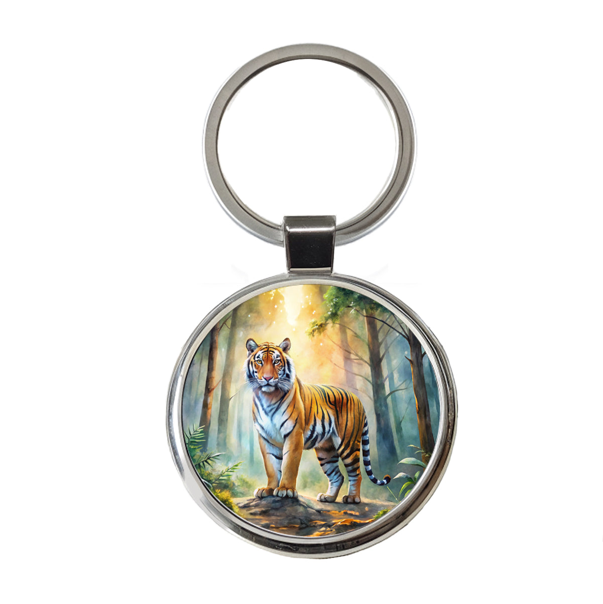Majestic Tiger Standing In Forest Watercolor Round Metal Keychain