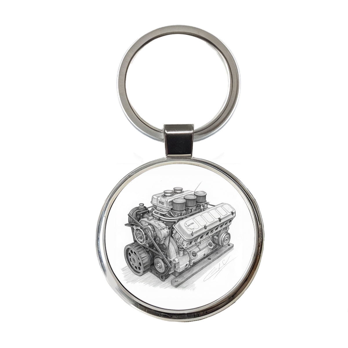 V8 Car Engine Sketch Round Metal Keychain