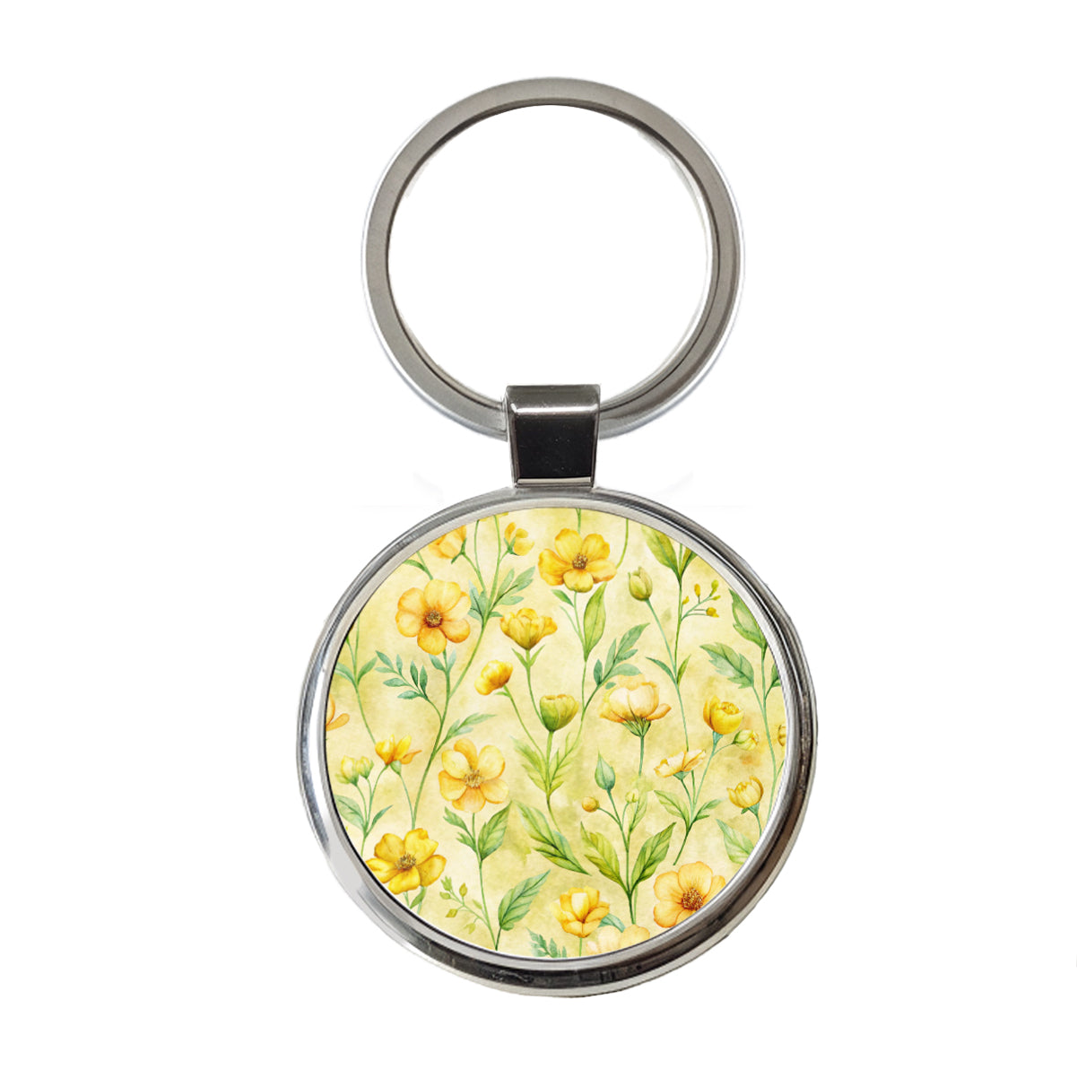 Buttercups Yellow Flowers Floral Round Metal Keychain